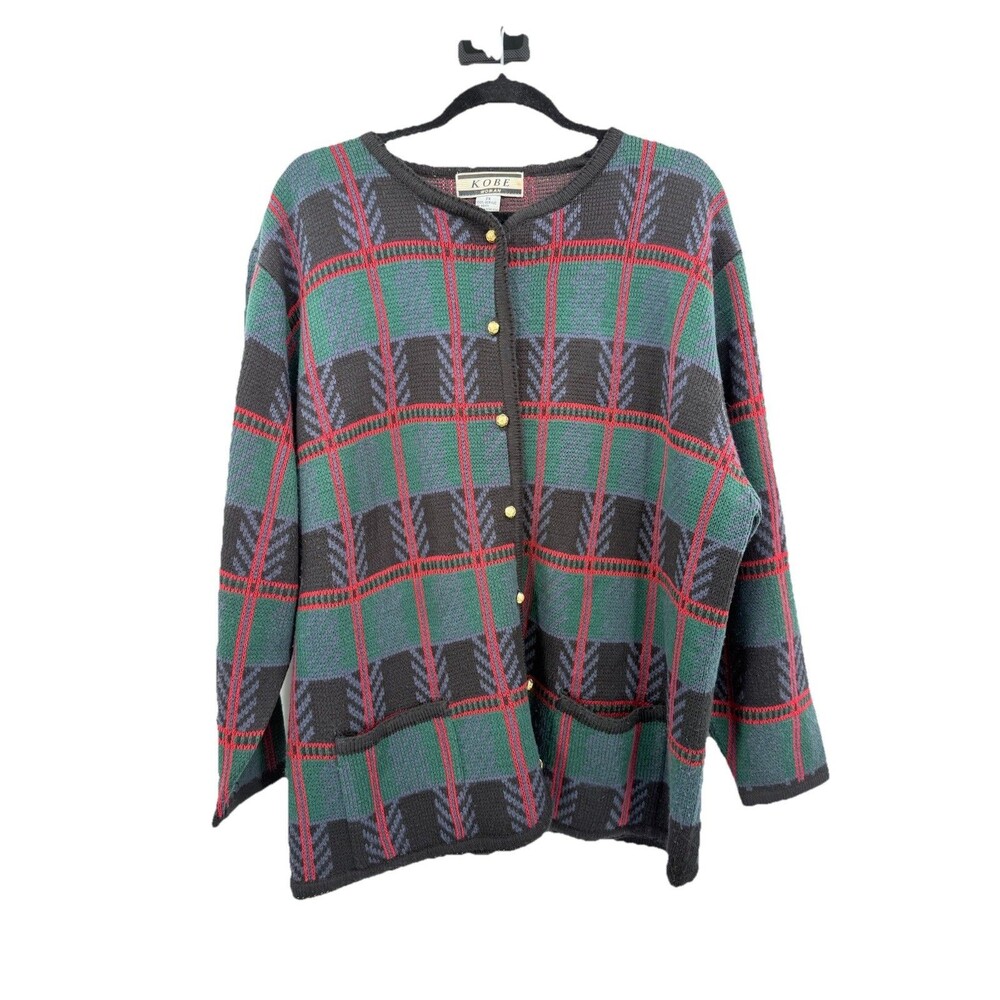Vintage Kobe Women's 2X Plaid Gold Button Long Sleeve Knit Cardigan Christmas
